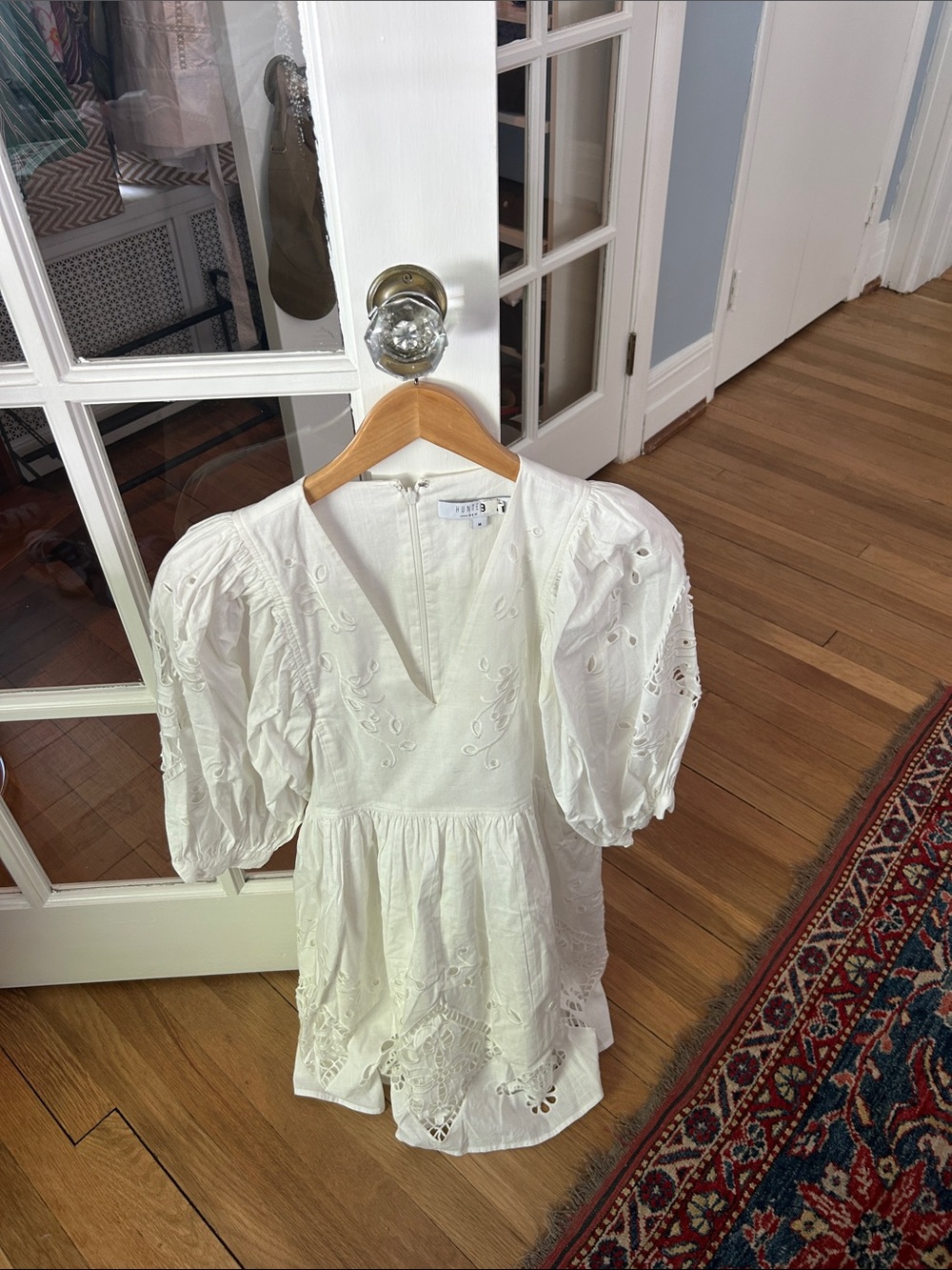 HUNTER BELL White Eyelet Mini Dress with Puff Sleeves and V-Neck